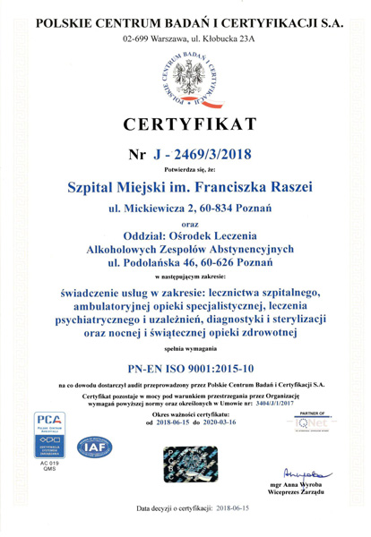 Certyfikat jakości szpitala imienia Raszei w Poznaniu (wersja polska)