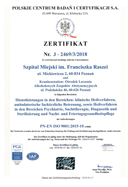 Certyfikat jakości szpitala imienia Raszei w Poznaniu (wersja niemiecka)