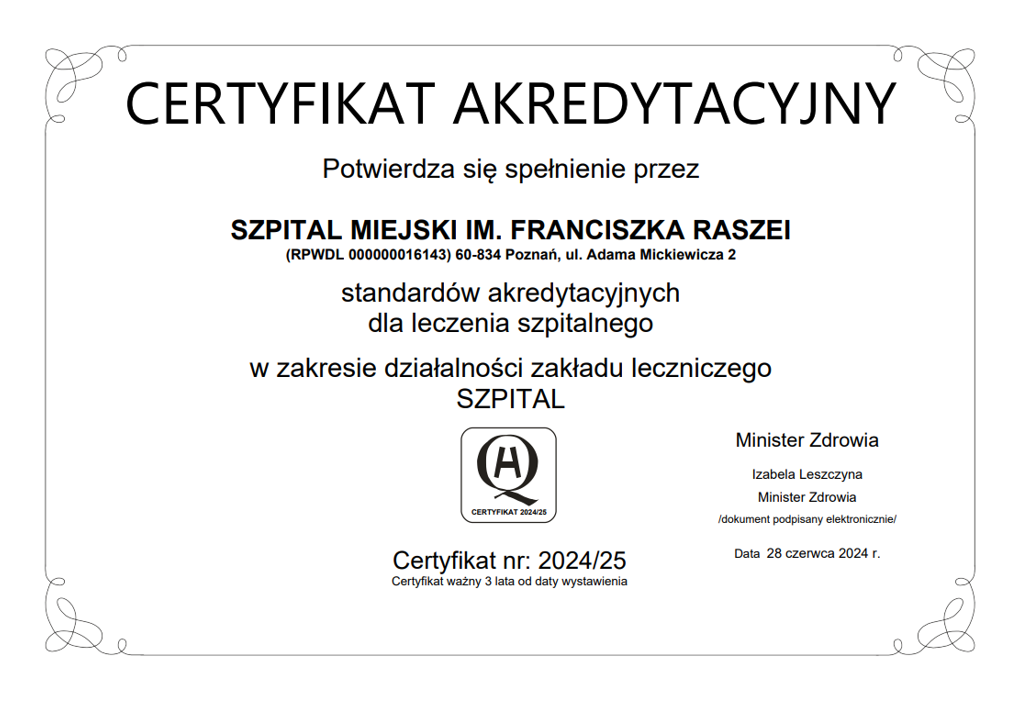 Certyfikat Akredytacyjny dla szpitala miejskiego imienia Raszei w Poznaniu (2025)